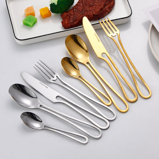 Cross-border stainless steel cutlery set Cutlery set with hollow handle knife, fork and spoon four-piece set Creative steak knife and fork Western cutlery