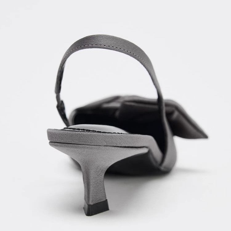 ZA2025 Spring/Summer New Gray Silk Satin Texture Knot Slingback Pointed Toe Mules Cat Heel Toe Sandals Women