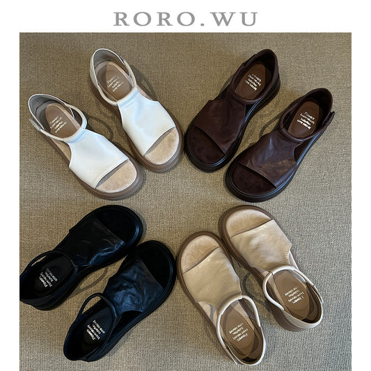 Sheepskin version ~ retro casual platform open toe sandals women's summer new versatile soft sole heightened beach Roman shoes