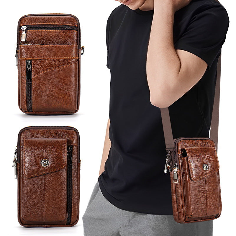 New top layer cowhide men's crossbody bag outdoor shoulder bag mobile phone bag casual mini leather wearing belt bag