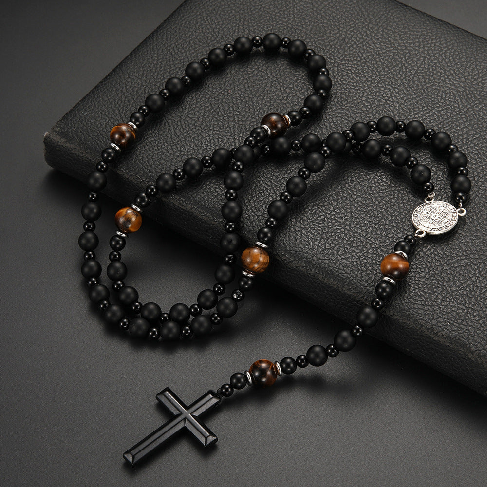 Cross-border Amazon same natural stone black volcanic rock yellow tiger eye iron stone cross religious men's necklace
