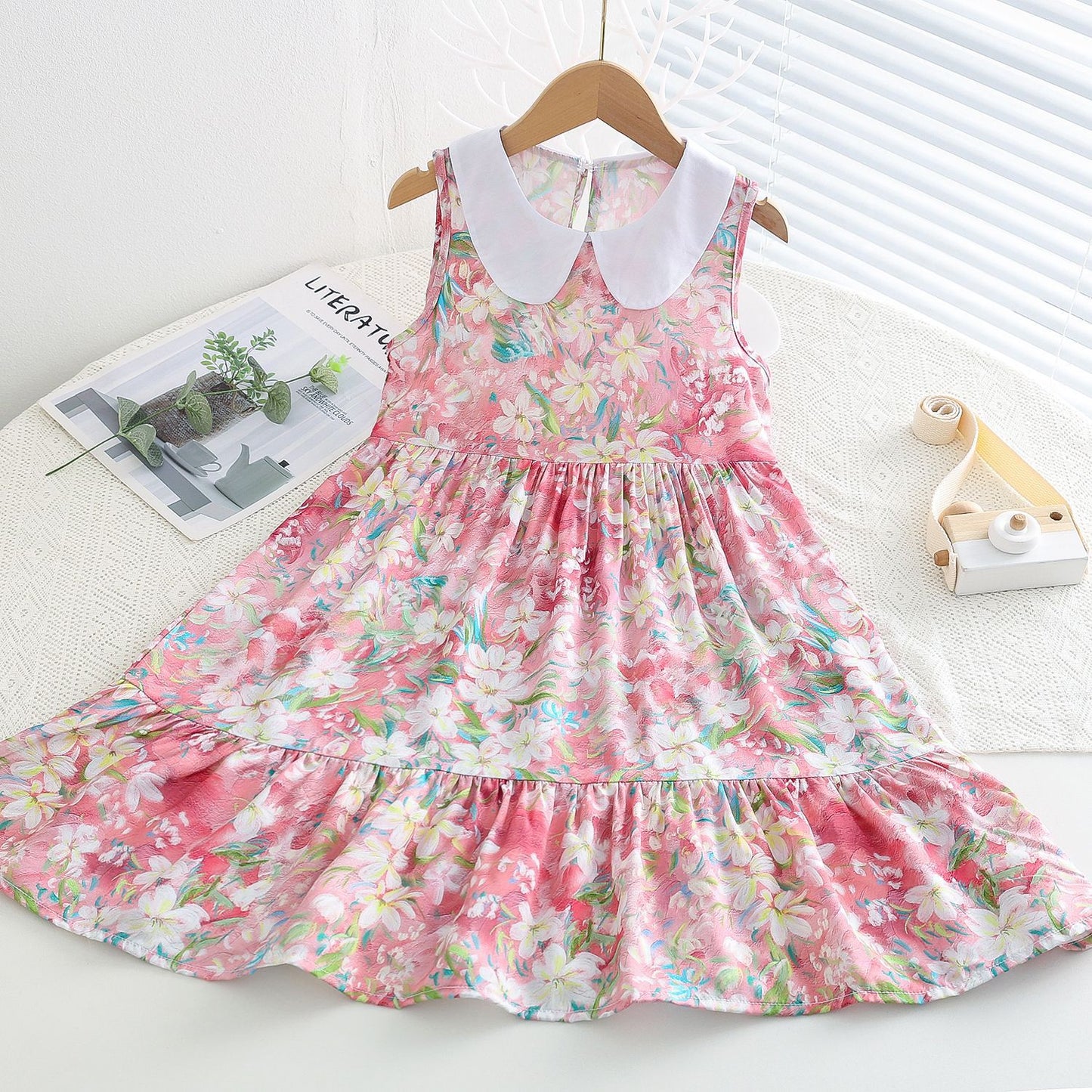 Girls Floral Cotton Silk Dress Summer New Children's Rayon Skirt Medium and Big Boy Doll Collar Princess Dress