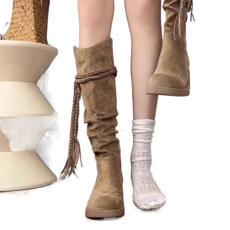 Soft leather version ~ retro wasteland style tassel knight boots block heel but not knee boots pile pile boots women