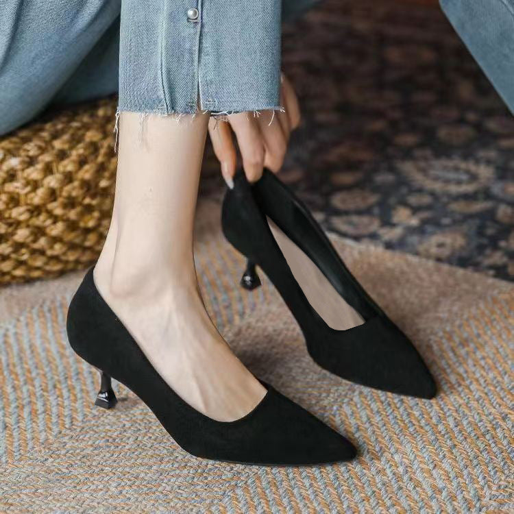 Black suede high heels, women's etiquette, professional single shoes, thin heel temperament, shallow mouth, versatile work shoes, 2025 new shoes