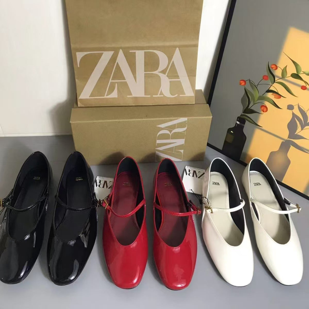 ZA Women's Shoes Spring 2024 New Women's Shoes Red Patent Leather Mary Jane Ballet Flats French Pumps