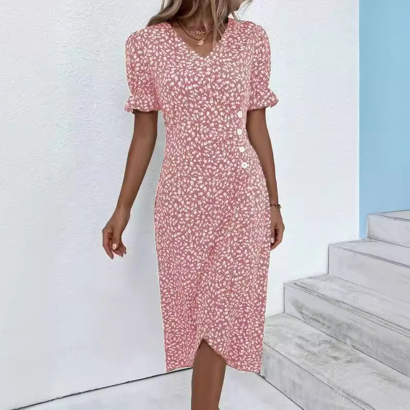 European and American independent station summer hot sale slim women's geometric collage puff sleeves irregular hem dress