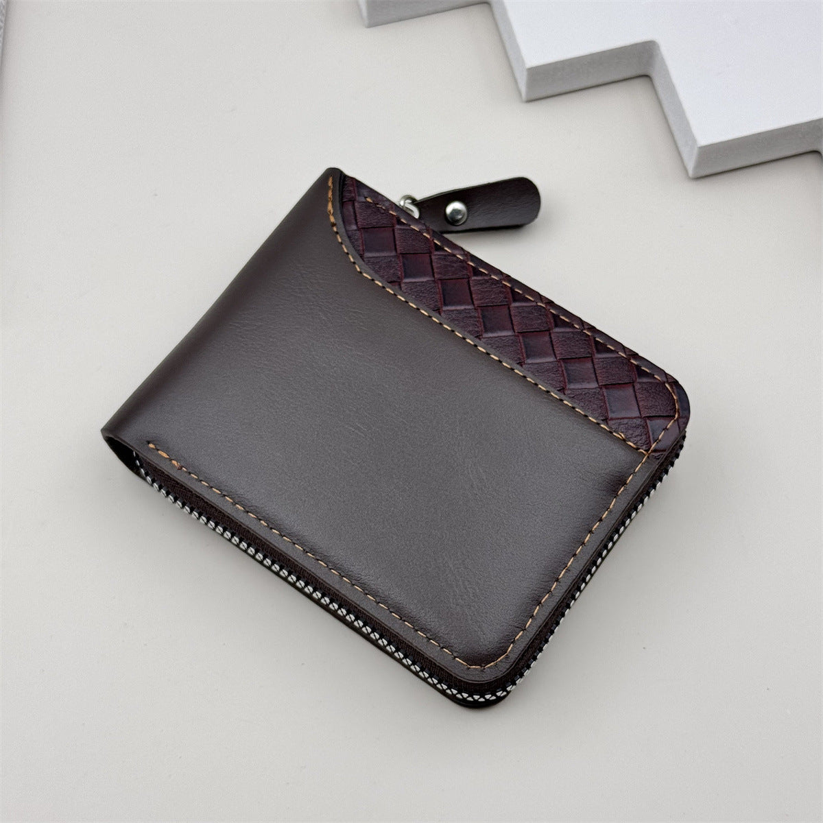 2024 new cross-border wallet men's short horizontal zipper wallet, bi-fold coin wallet, woven pattern stitching wallet