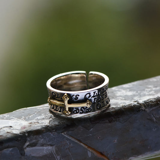 Vintage color splitting cross ring men's trend personalized opening ring fashion imitation Thai silver men's single index finger ring