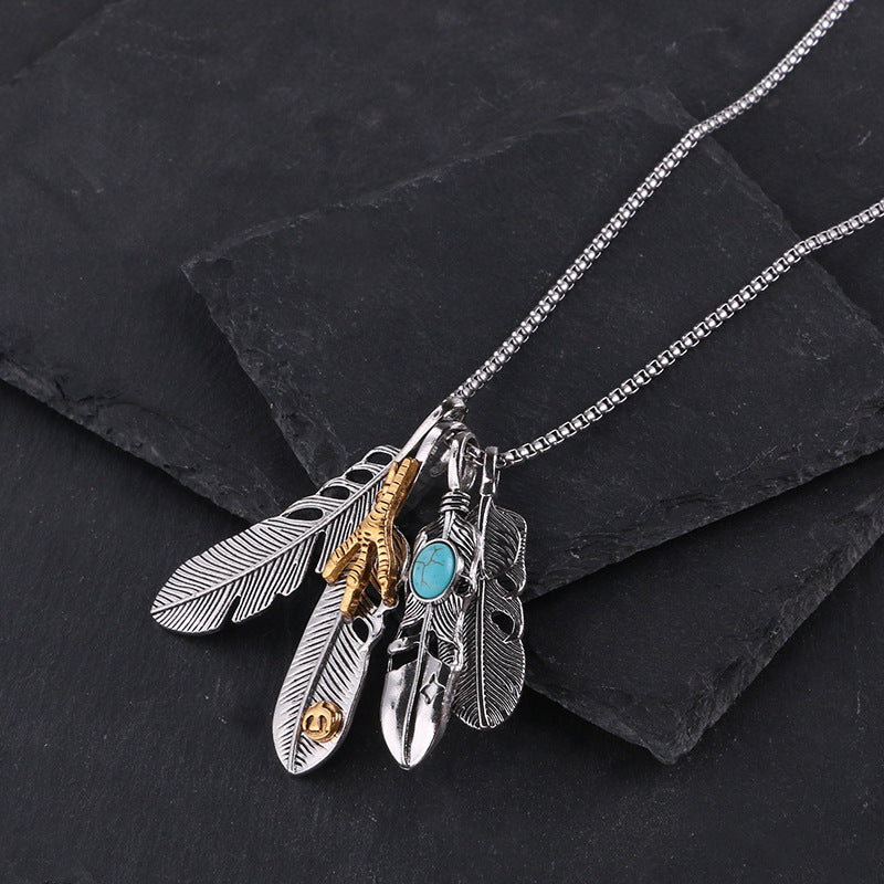 Japanese and Korean version of Takahashi feather pendant men's fashion brand necklace retro leaf long sweater chain women's pendant accessories