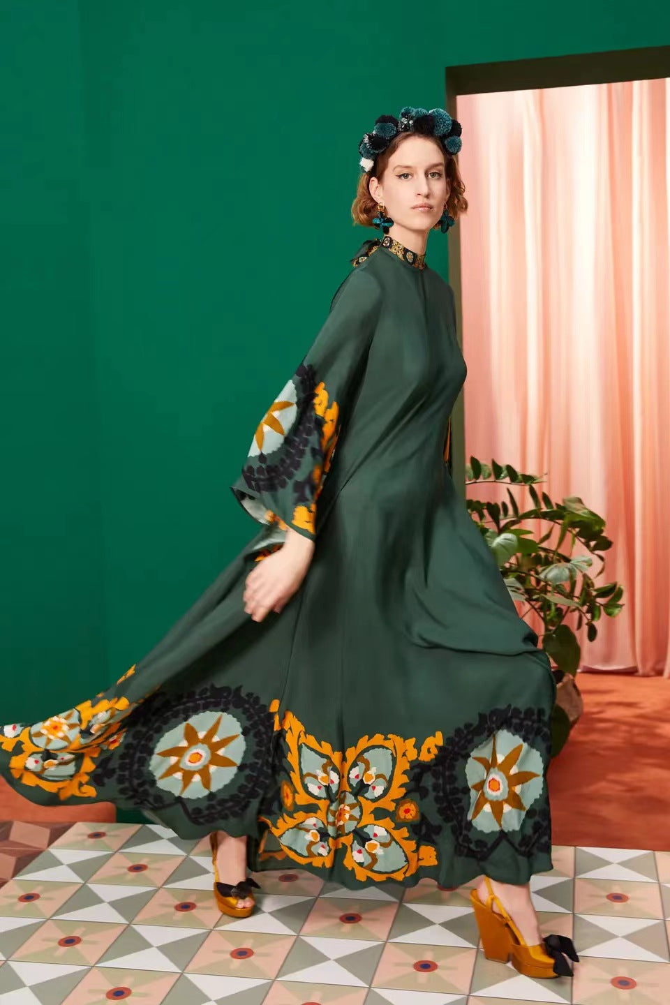Cross-border foreign trade independent station Amazon Europe and the United States new summer print three-quarter sleeve stand-up collar dress