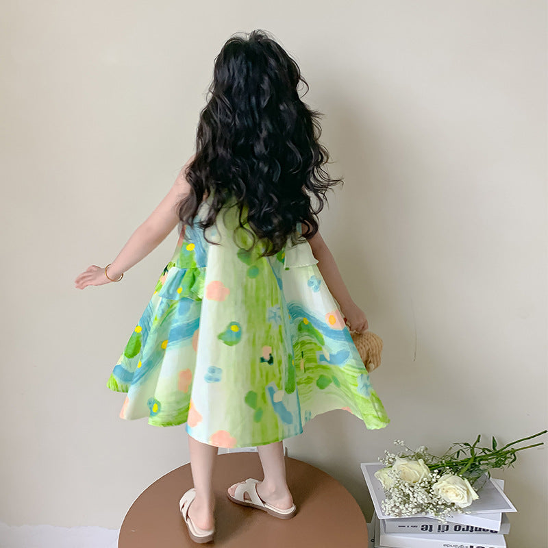 Girls Summer Dress 2025 New Style Foreign Girl Seaside Vacation Dress Summer Children's Colorful Sleeveless Skirt