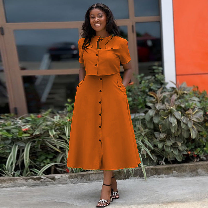 European and American cross-border women's clothing 2024 summer new temperament round neck short sleeve top high waist breasted skirt set