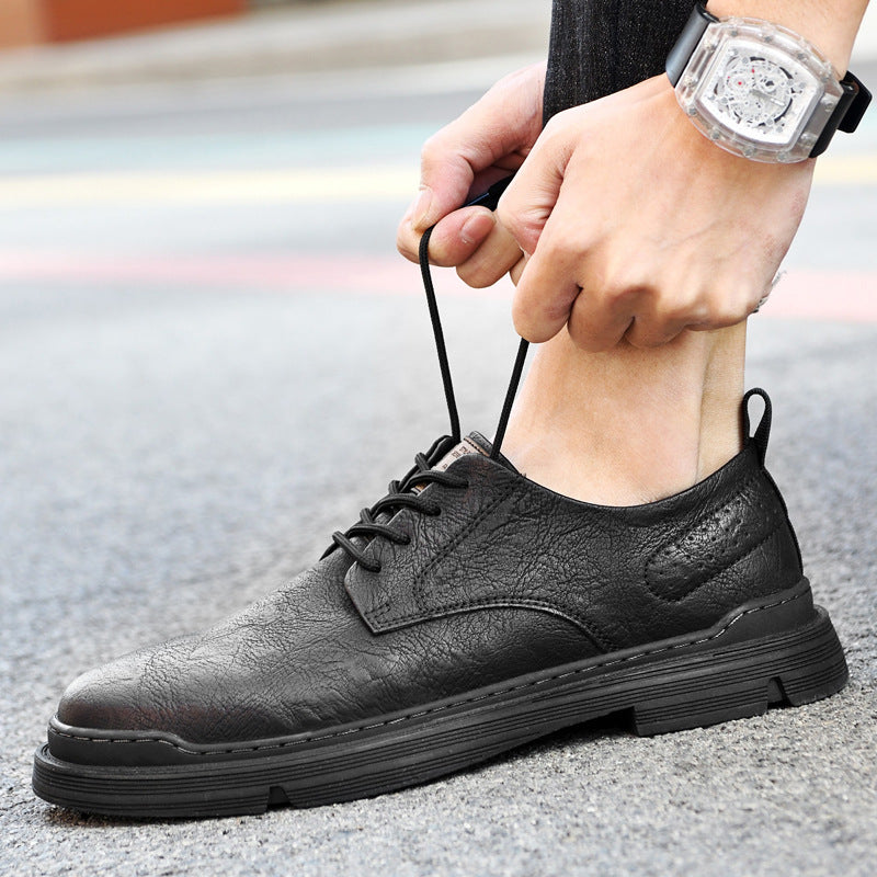 European Station Men's Leather Shoes Lace-up Casual Shoes Korean Version Versatile Black Leather Shoes New Men's Outdoor Shoes Spring 2022