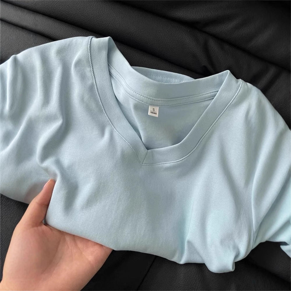 92 cotton blue shoulder short sleeve T-shirt women's summer slim fit look thin foreign folded waist cropped t-shirt top