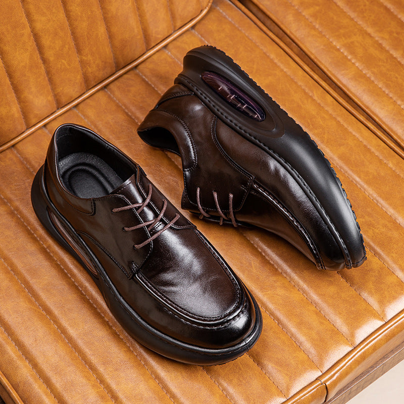 2025 Spring New Air Cushion Men's Shoes Genuine Leather Business Casual Leather Shoes Men's British Platform Sole Breathable Heightened Single Shoes