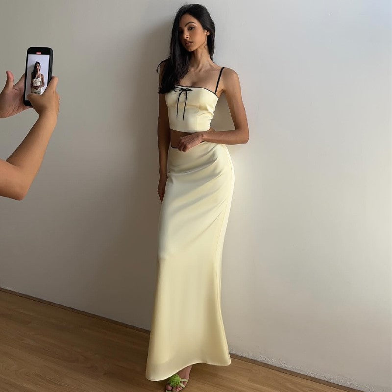 European and American foreign trade 2024 spring new sweet lace-up camisole small vest sexy lace long skirt suit women