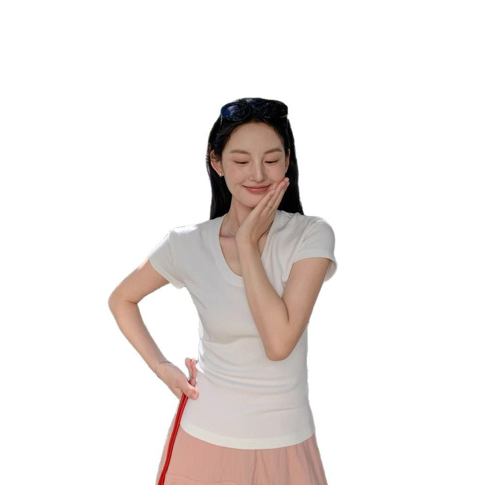 U-neck high-elastic shoulder slim T-shirt DIGM spring and summer hot minimalist slim base shirt short sleeve T-shirt women's 60382