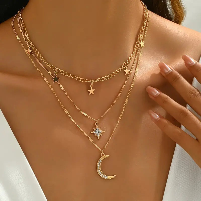 European and American cross-border jewelry, fashion, diamond-studded five-pointed star, crescent pendant, multi-layered necklace, personality, clavicle chain necklace