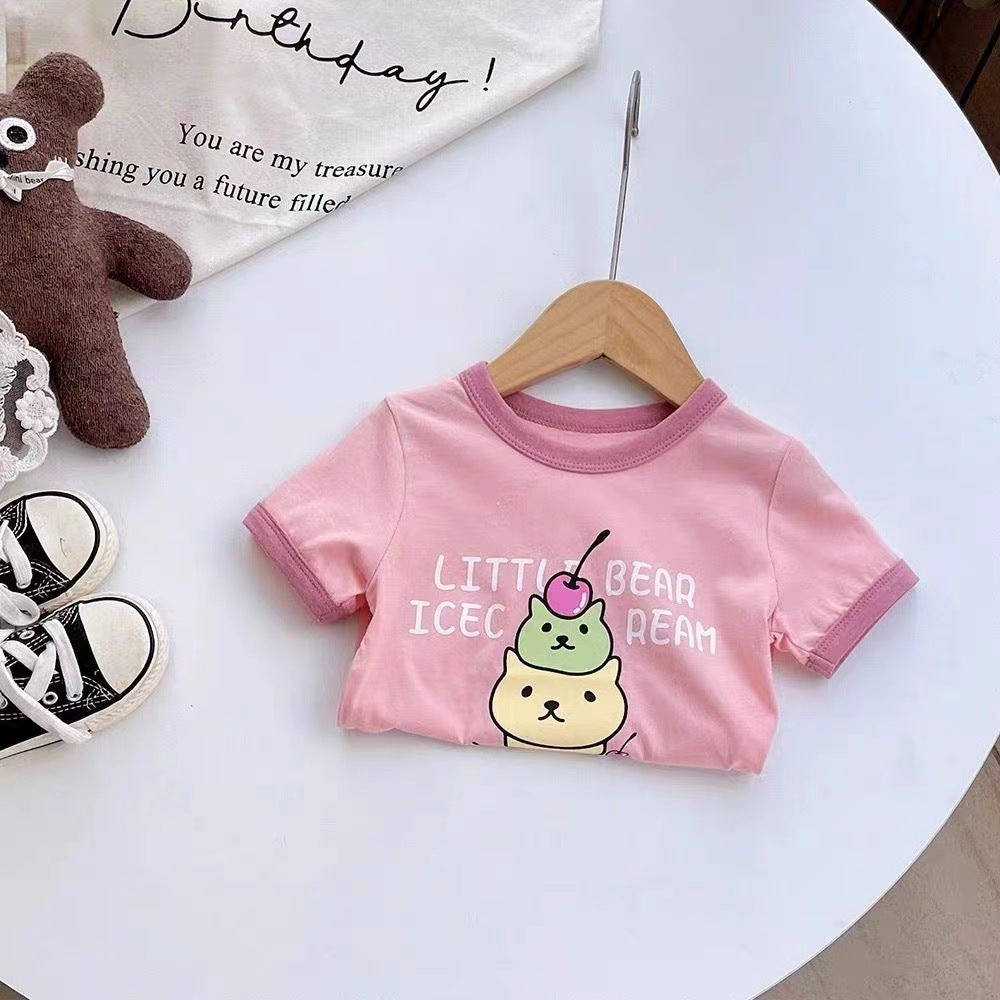 100% cotton girls short sleeve t-shirt cartoon print kids baby small kids loose and versatile top summer dress