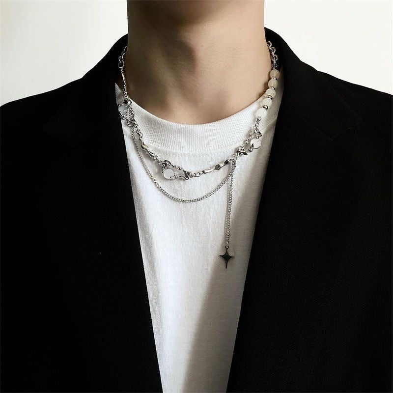 Niche design, high-quality opal, beaded splicing, tassels, four-pointed star necklace, women's light luxury, men's clavicle chain