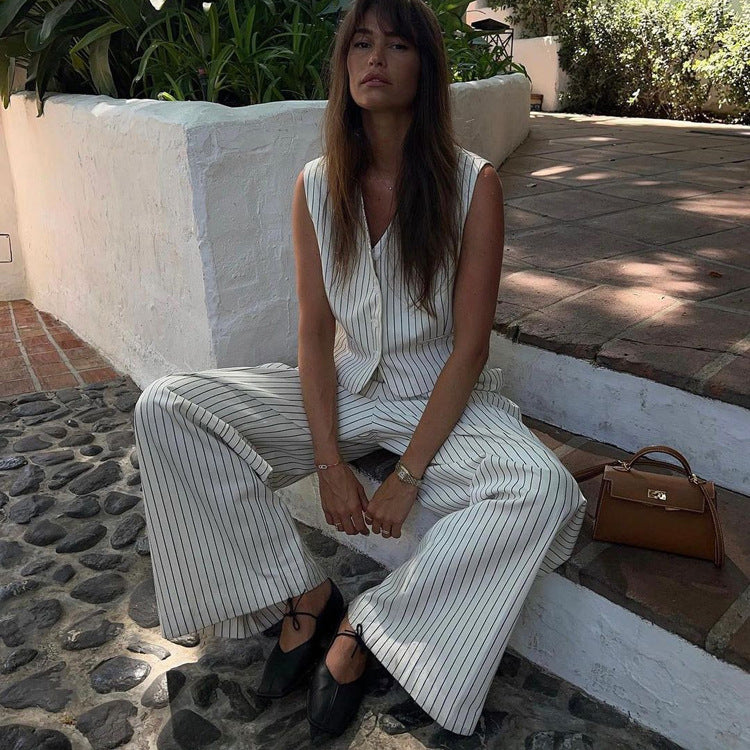 Amazon Hot Sale 2024 New Striped Vest Trouser Set Summer Women's Casual Wear Temperament Commuting Two-Piece Set