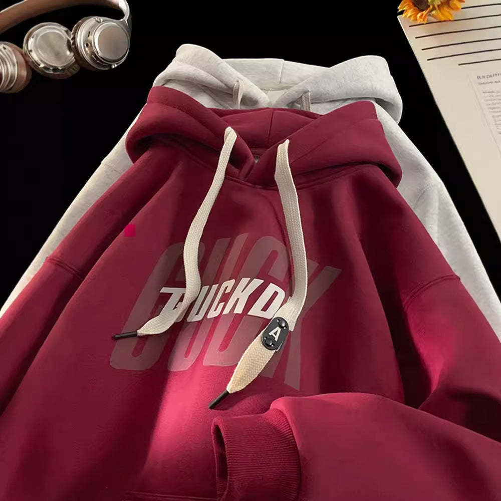Heavyweight stiff hooded sweatshirt men's spring and autumn American fashion brand youth autumn and winter burgundy fleece hoodie jacket