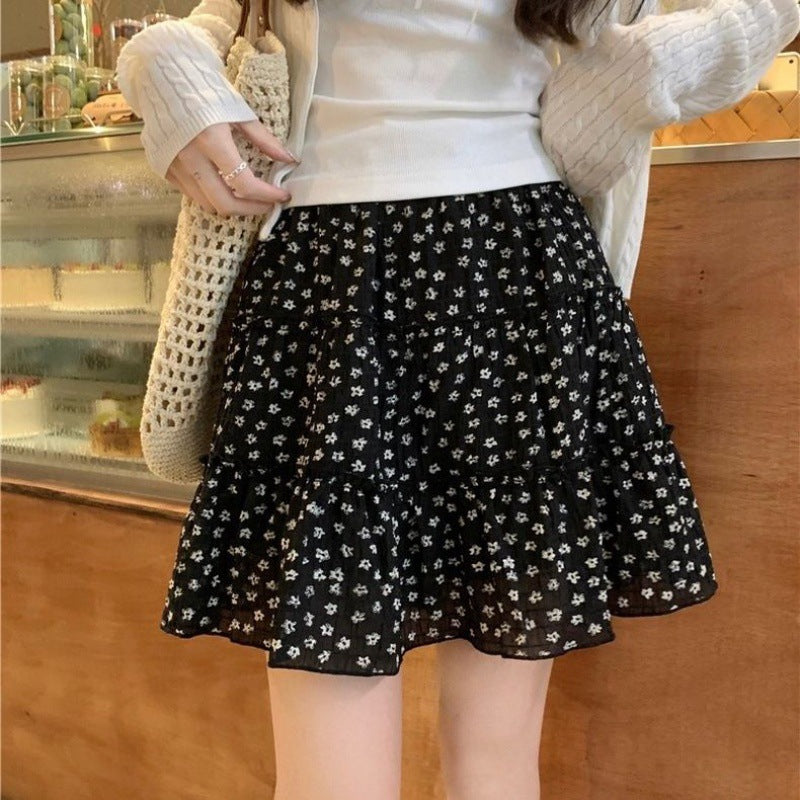 Floral Retro Sweet Skirt Cake 2025 Spring Summer 2025 High Waist Small Man Slim Black Puffy Skirt