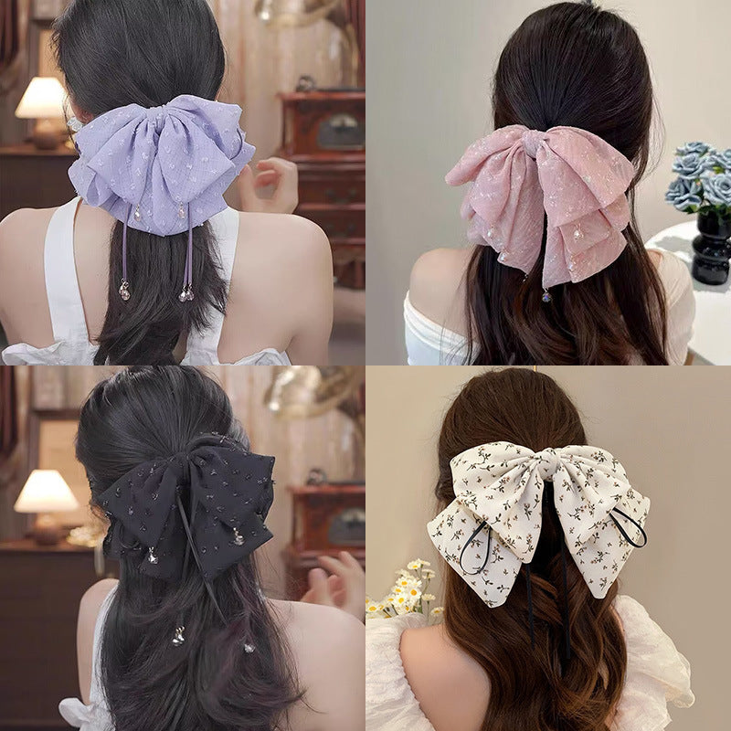 Vintage satin bow grab clip women's high-end temperament elegant low ponytail clip back of the head clip headwear hairpin