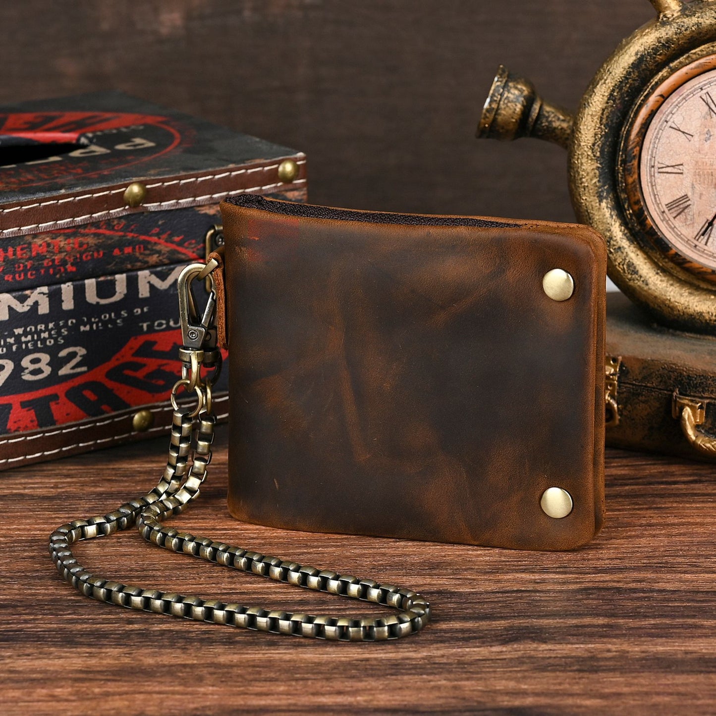 Top layer Crazy Horse leather cowhide foreign trade hot sale men's retro practical hand latte chain short wallet wallet 1003