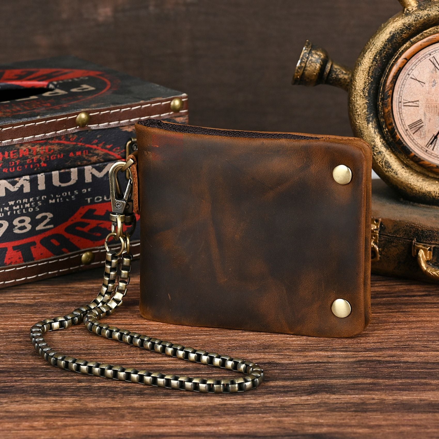 Top layer Crazy Horse leather cowhide foreign trade hot sale men's retro practical hand latte chain short wallet wallet 1003