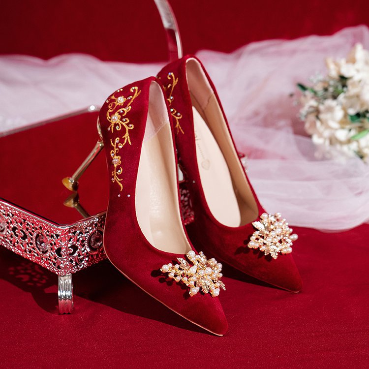 High Heels 2024 New Shoes Red Xiuhe Wedding Shoes Wedding Dress Pearl Embroidered Shoes Two Wear Wedding Women's Shoes Jinjin