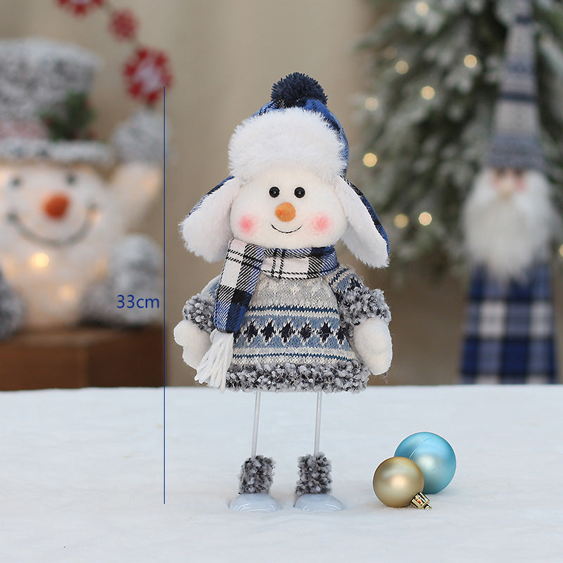 Cross-border Christmas decorations ski snowman doll tabletop doll blue plaid fabric Christmas iron foot snowman ornament