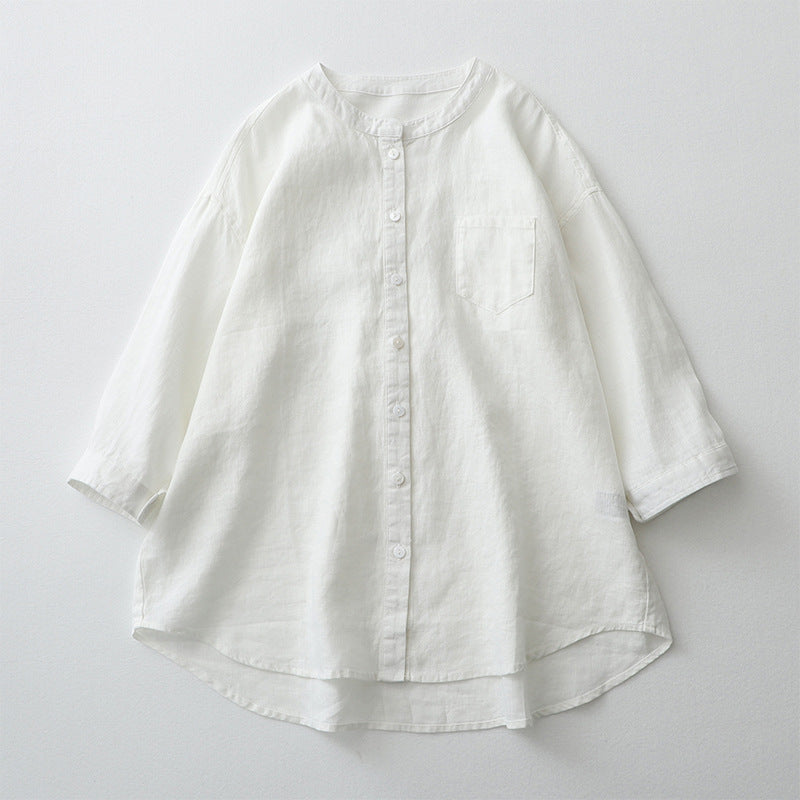 2025 summer linen shirt stand-up collar three-quarter sleeve white shirt loose plus size sunscreen shirt japanese cotton and linen women's clothing