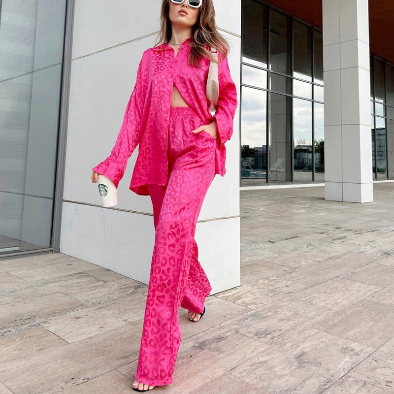 Spot autumn ladies European and American two-piece high-end long-sleeved loose leopard print fashion casual women's suit women's autumn
