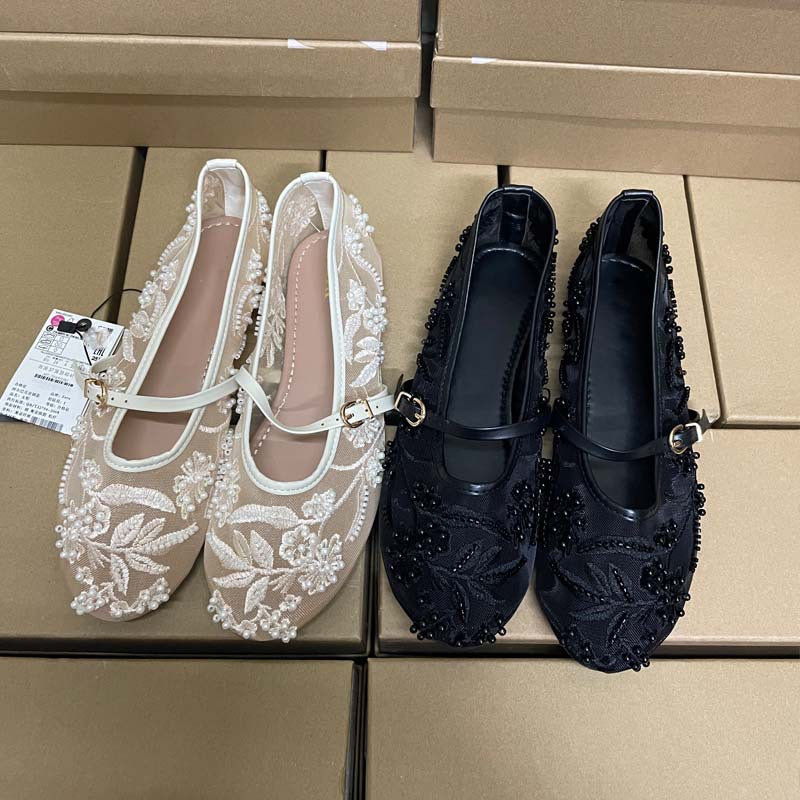Embroidered pearl mesh ballet shoes women's fashion cut-out mesh round toe flat buckle strap Mary Jane shoes
