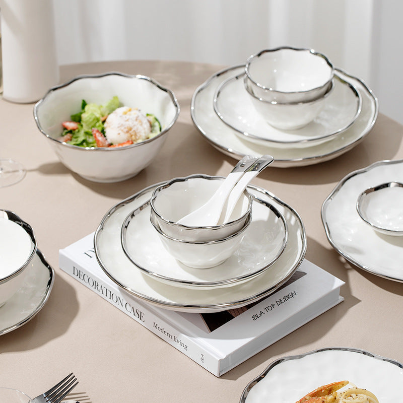 Nordic light luxury high-value dishes high-end silver-edged white ceramic tableware housewarming household plates and bowls combination set