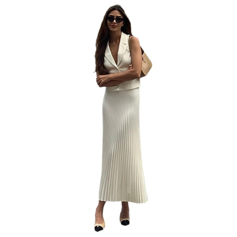 European and American cross-border women's clothing 2024 summer new suit collar suit vest top mid-length pleated skirt set