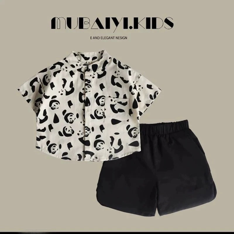Factory direct sales children's short-sleeved shirts, boys' 2025 summer suits, new panda cartoon babies, one piece delivery