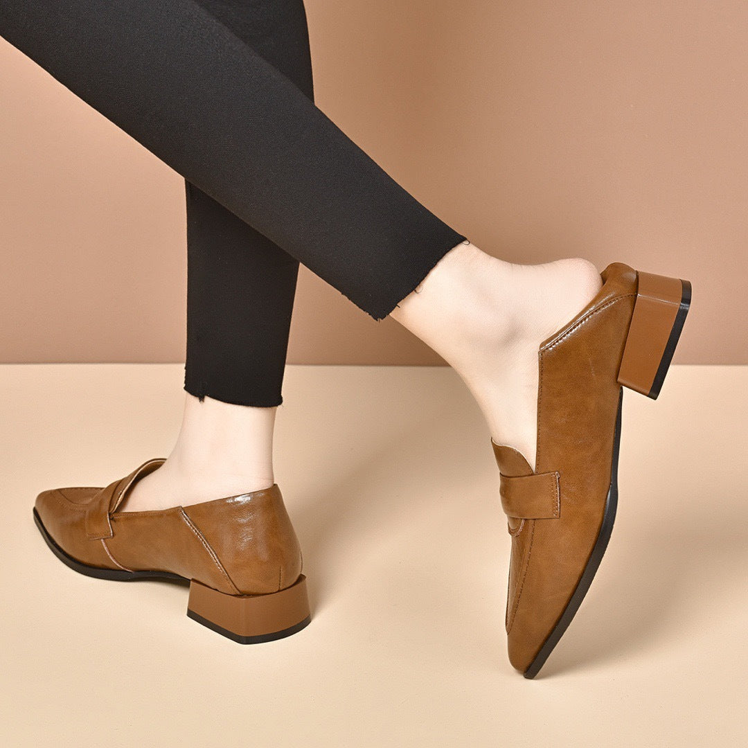 2024 New Leather Block Heel Shoes Women's Slip-On Shoes Mid-Heel British-style Soft-Sole Pointed Toe Loafers