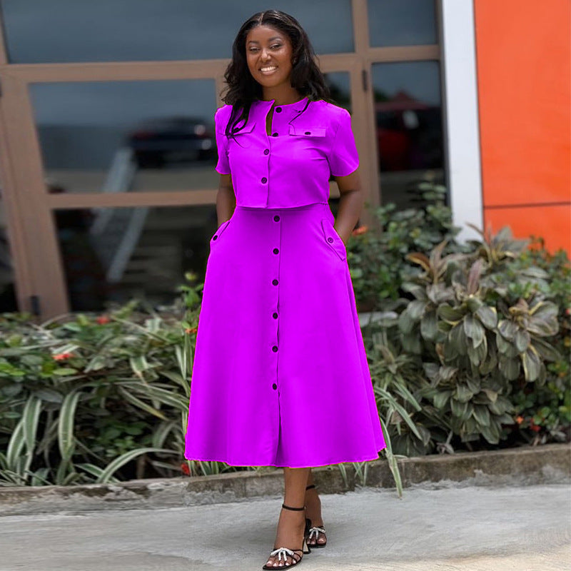 European and American cross-border women's clothing 2024 summer new temperament round neck short sleeve top high waist breasted skirt set