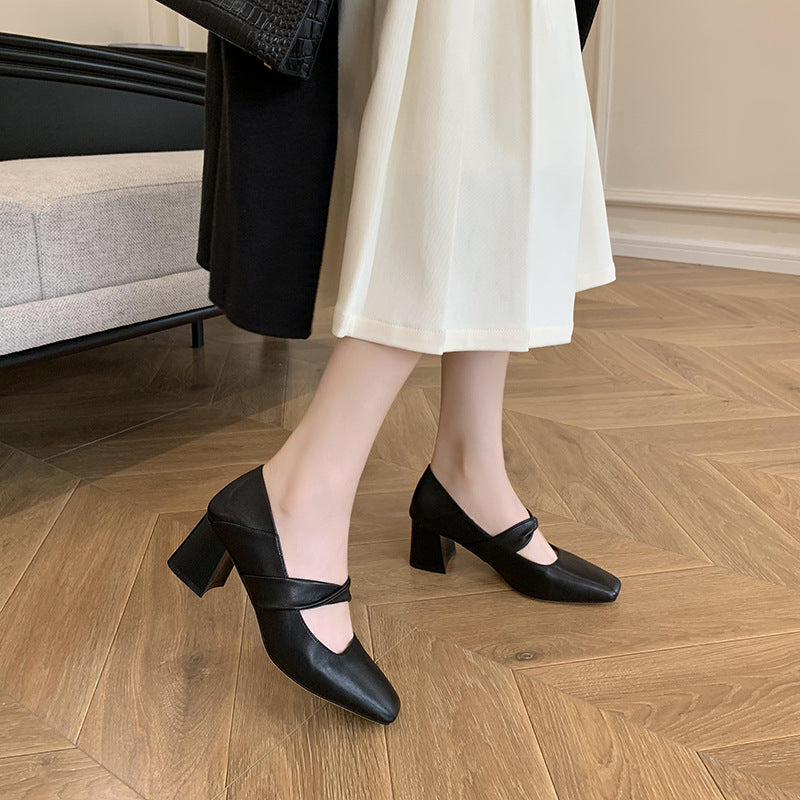 【Wang Xiaopoison】In the Mood for Love, Square Toe, Mary Jane Women's Shoes, High Heels, Block Heels, Small Leather Shoes, One Strap Single Shoes