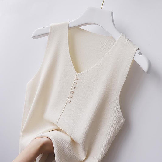 Summer ladies vest ice silk v-neck wide shoulder suspender solid color small button sweater sleeveless top student