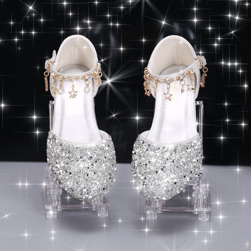 Girls high heels little princess stage show catwalk piano silver with evening dress flower girl crystal girl