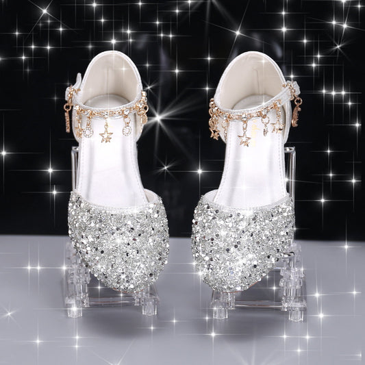 Girls high heels little princess stage show catwalk piano silver with evening dress flower girl crystal girl