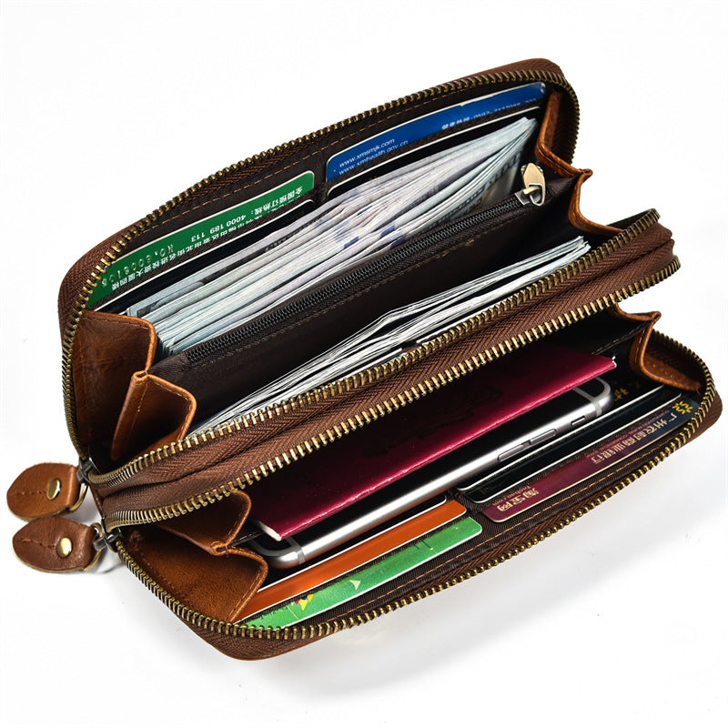 Men's Crazy Horse Leather Long Wallet Leather Zipper Wallet Double Cowhide Clutch Bag Vintage Casual Clutch Bag