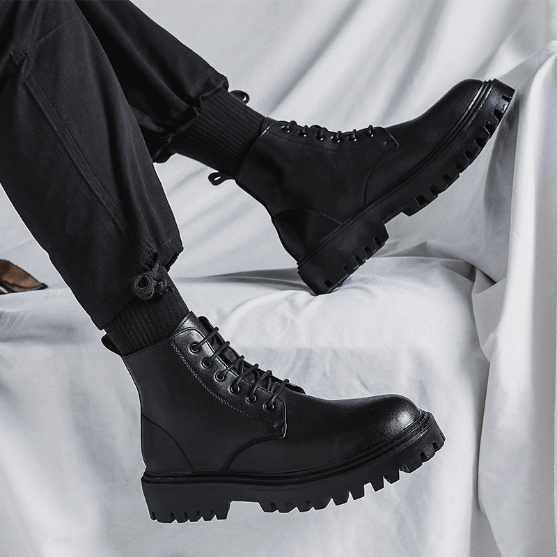 Internet celebrity popular Martin boots men's high-top trendy spring and autumn British style retro mid-top leather shoes increased black leather boots