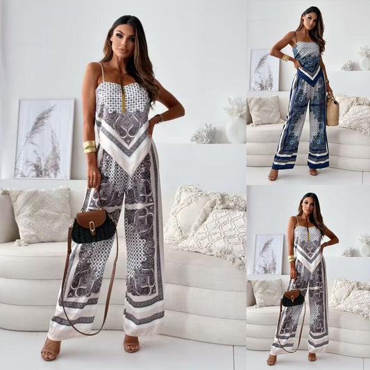 2024 Summer New Amazon Fashion Print Suspender Wrap Chest + Positioning Flower Pants Set 2-Piece Women's Wear