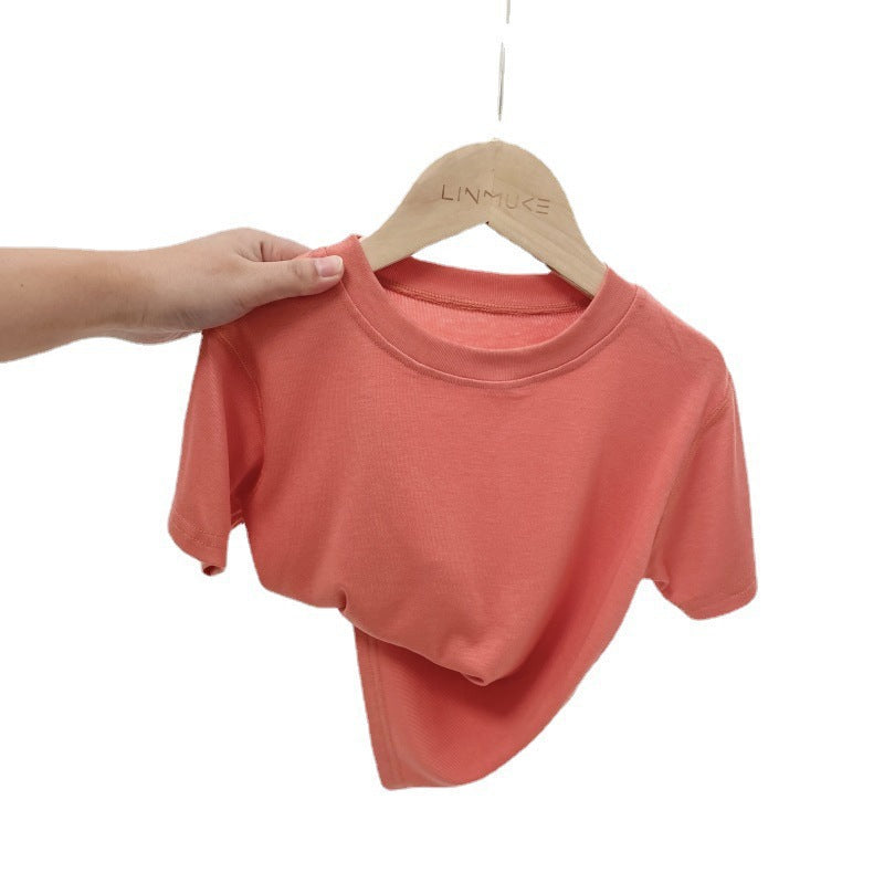 Class A 50 Lenzing Modal Children's Thin T-Shirt Boys & Girls Round Neck Solid Color Base Medium & Big Kids Summer Style