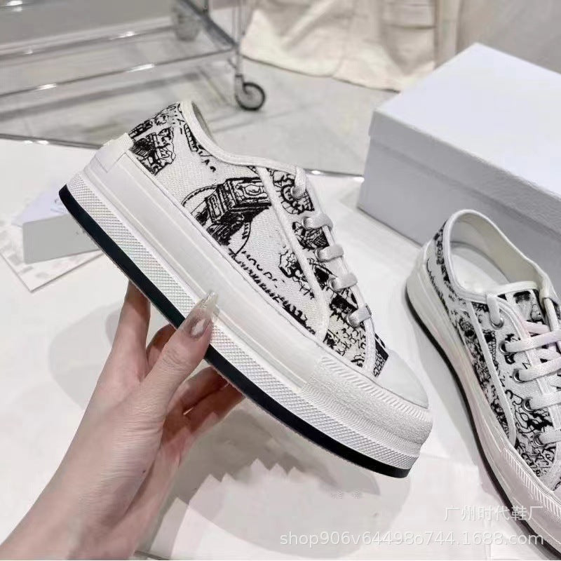 D home embroidery canvas shoes women's 2024 new Internet celebrity lace-up small white shoes thick-soled inner heightened casual sports board shoes