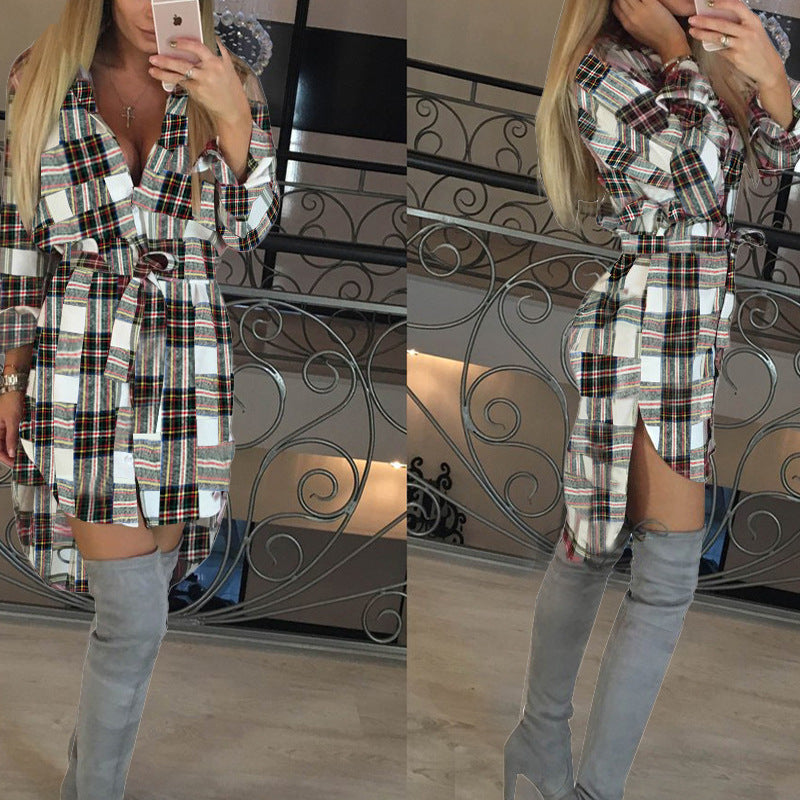 FC075 Spot 2025 Fall/Winter New Cross Border Women's Fashion Temperament Lapel Long Sleeve Midi Plaid Shirt